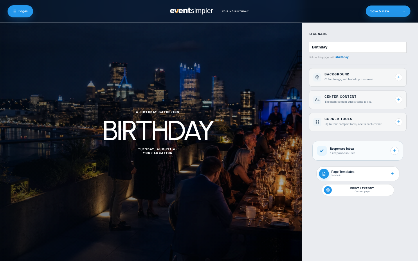 The real EventSimpler site builder showing a Birthday design, editable canvas, page controls, and design tools