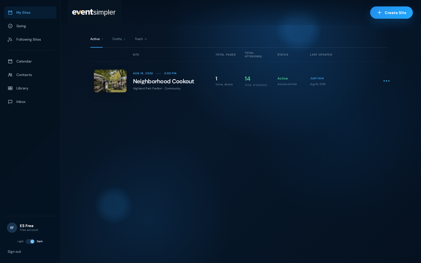 The real EventSimpler My Sites dashboard showing Active, Drafts, and Trash views, a published site, and organizer navigation